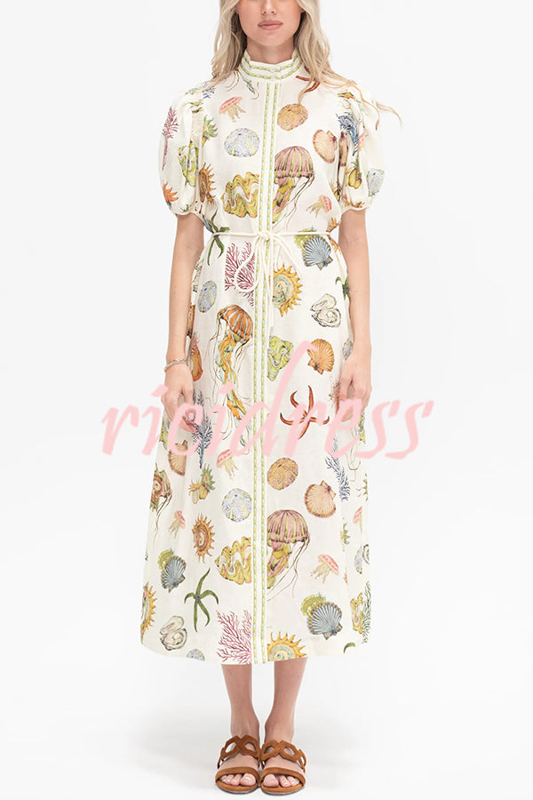 Beach Shell Print Puff Sleeve Tie-Waist Casual Midi Dress