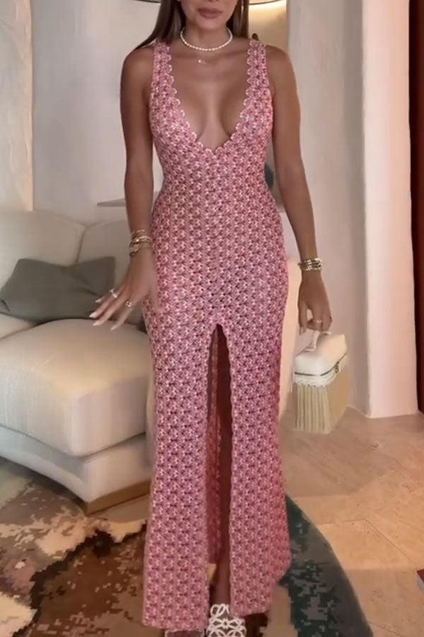 So Beachy Texture Print U-neck Wide Strap Slit Stretch Maxi Dress
