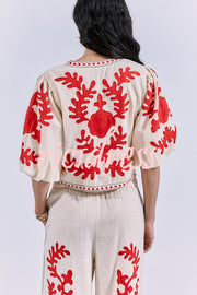 Till Sunset Linen Blend Unique Print Lace-up Puff Sleeve Shirt