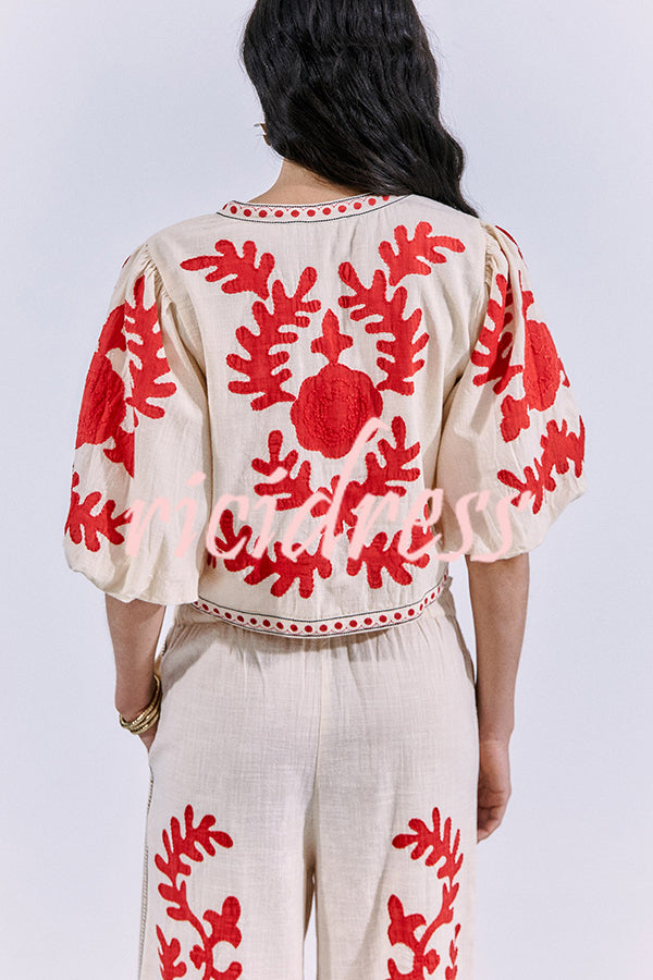 Till Sunset Linen Blend Unique Print Lace-up Puff Sleeve Shirt