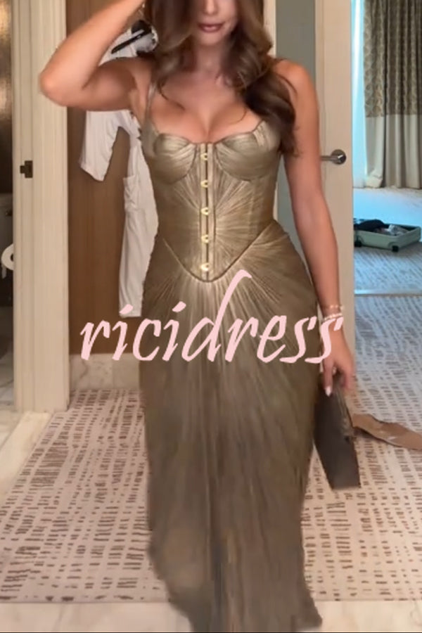 Vegas Queen Metallic Pleated Sculpted Bodice Back Lace-up Drape Maxi Dress