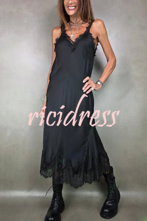 Fashionable V-neck Suspender Lace Splicing Casual Midi Dress