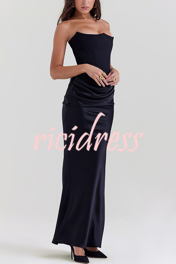 Persephone Crepe and Satin Patchwork Off Shoulder Ruched Maxi Dress