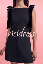 Miss Hepburn Velvet Bow Straps Straight Neckline Loose Mini Dress