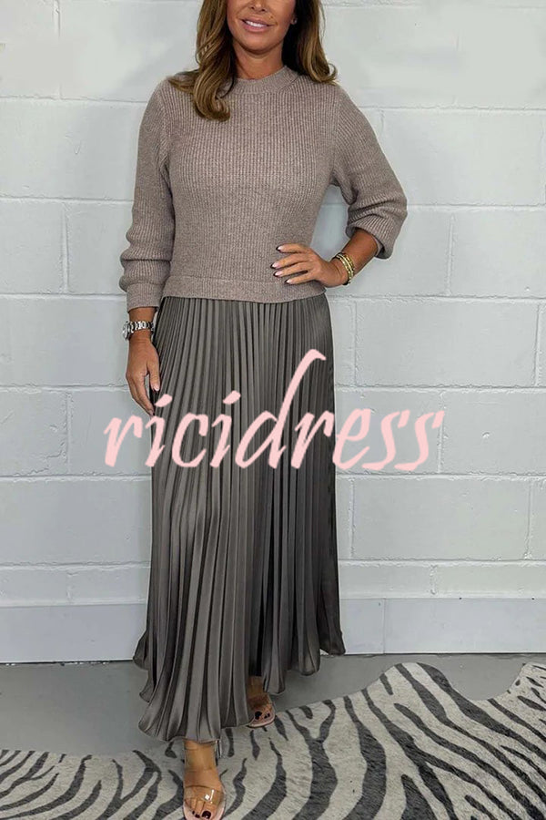 Stylish Knitted Round Neck Long Sleeve Patchwork Pleated Hem Maxi Dress