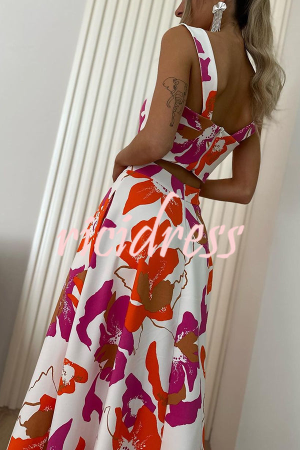 Stylish Floral Print Sling Top and Large Hem Pockets Maxi Skirt Set