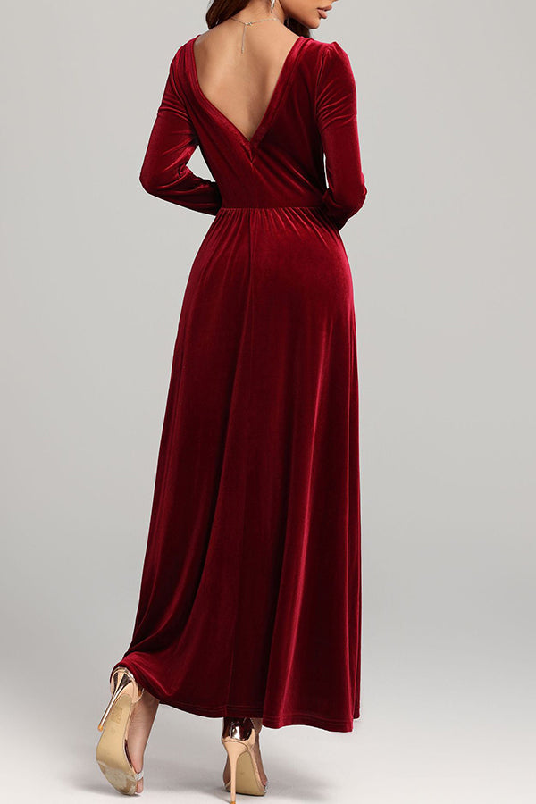 Solid Color Velvet Square Neck Long Sleeve Elegant Maxi Dress