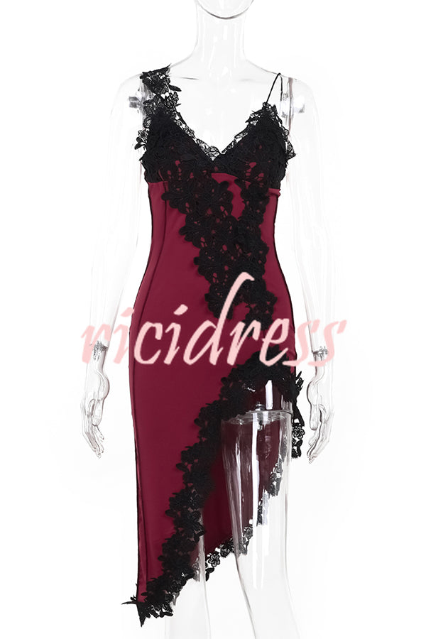 Sexy Lace Paneled Deep V Suspender Slim Midi Dress