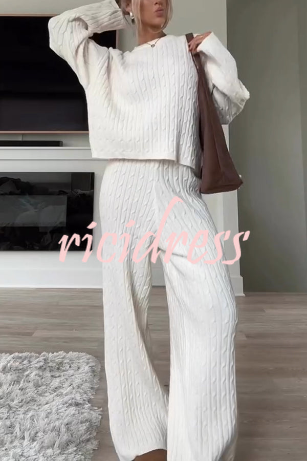 Autumn Travel Knit Cable Long Sleeve Sweater and Elastic High Waist Wide Leg Pants Set