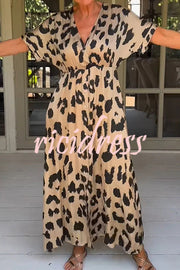 Leopard Print Casual Loose V-neck Short-sleeved Pocket Midi Dress