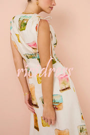 Art Summer Linen Blend Unique Print Drawstring Shoulder Loose Maxi Dress