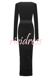 Sexy See-through Long-sleeved V-neck Pleated Slim-fit Maxi Dress