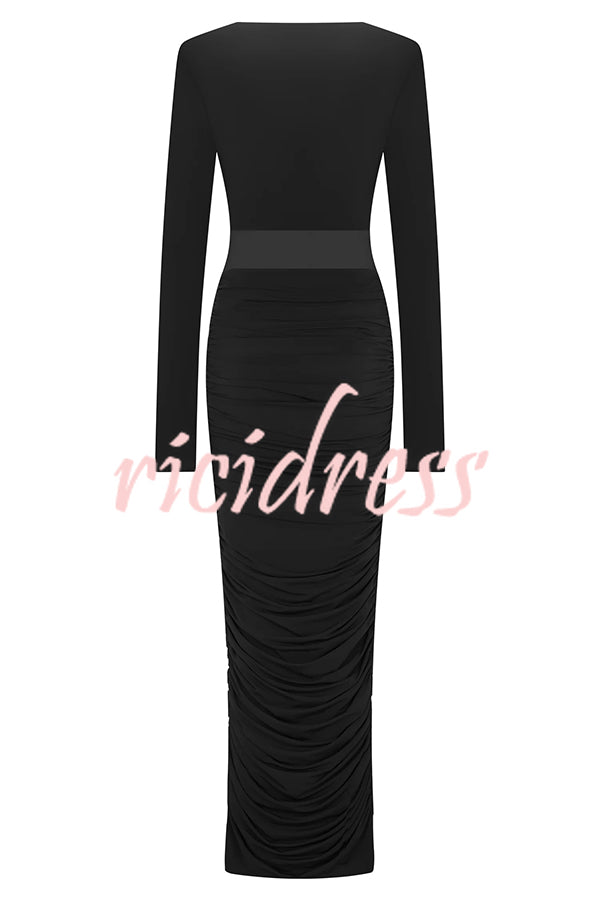 Sexy See-through Long-sleeved V-neck Pleated Slim-fit Maxi Dress