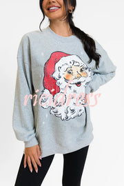 Christmas Cartoon Santa Claus Print Long Sleeve Loose Sweatshirt