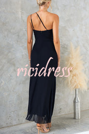 Fashion One-shoulder Pleated Sexy High Slit Slim Dress
