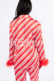 Christmas Party Striped Print Pocket Feather Elastic Waist Pajama Set