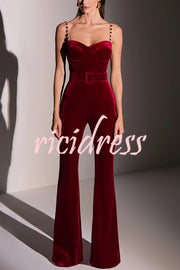 Eliza Luxurious Velvet Fabric Jewel-embellished Shoulder Straps Belted Flare Jumpsuit