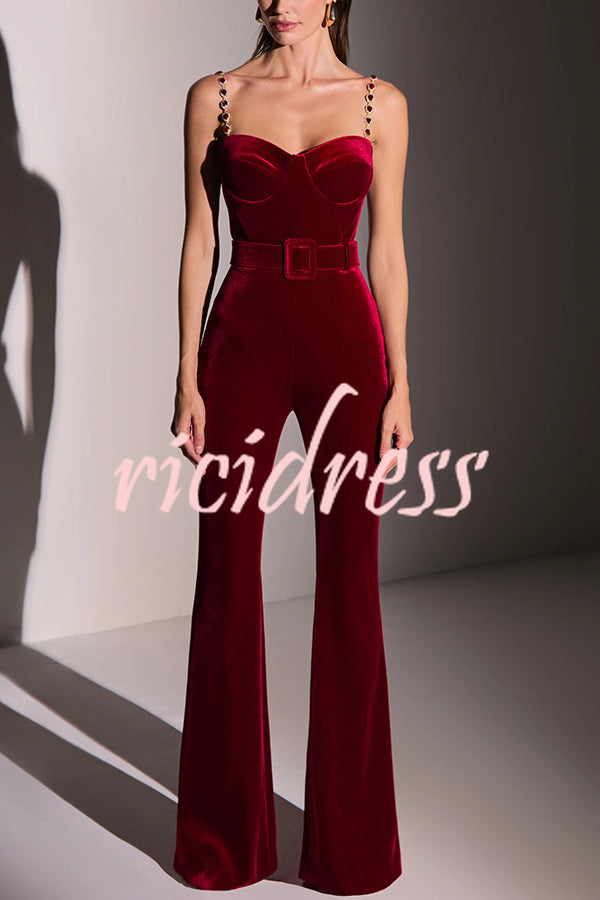 Eliza Luxurious Velvet Fabric Jewel-embellished Shoulder Straps Belted Flare Jumpsuit