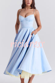 Fairytale Vibe Satin Patchwork Tulle Sweetheart Neck Pocket Stretch Midi Dress