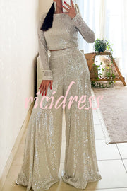 Fashionable Shiny Sequined Long-Sleeved Cropped Top and Casual Wide-Leg Pants Set