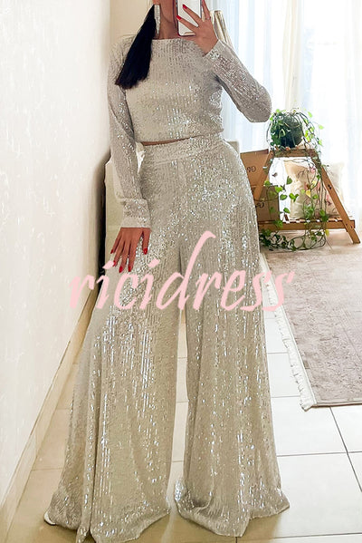 Fashionable Shiny Sequined Long-Sleeved Cropped Top and Casual Wide-Leg Pants Set