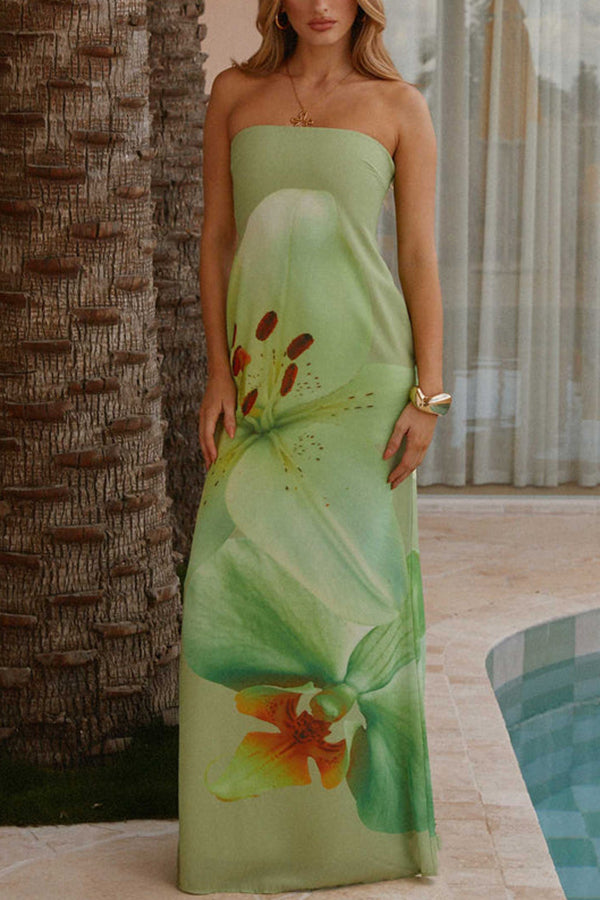 Smooth and Elegant Satin Unique Floral Print Off Shoulder Maxi Dress