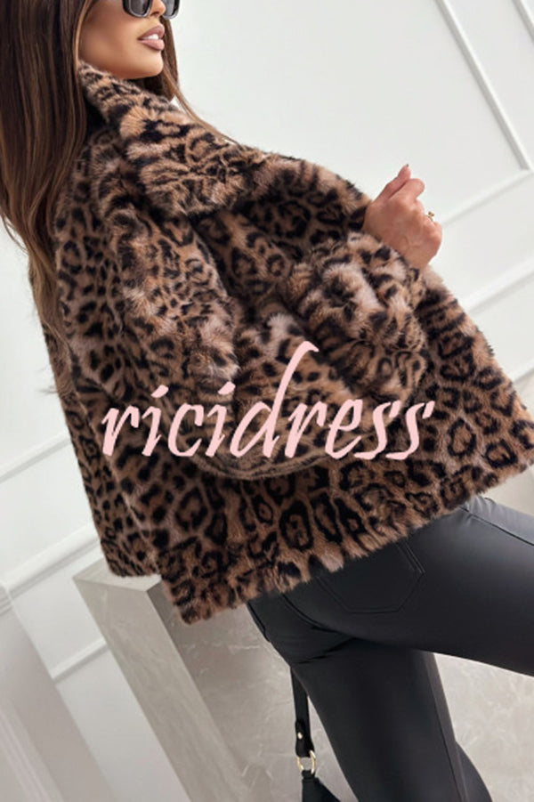 Stylish Leopard Print Lapel Long Sleeve Short Coat