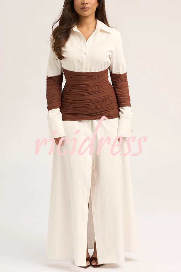 Fashionable Pleated Contrast Patchwork Waist Long Sleeve Button Shirt Maxi Dress