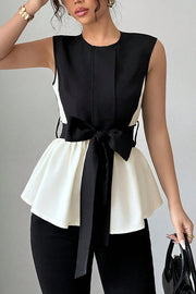 Fashionable Contrasting Color Waist Bow Ribbon Casual Top