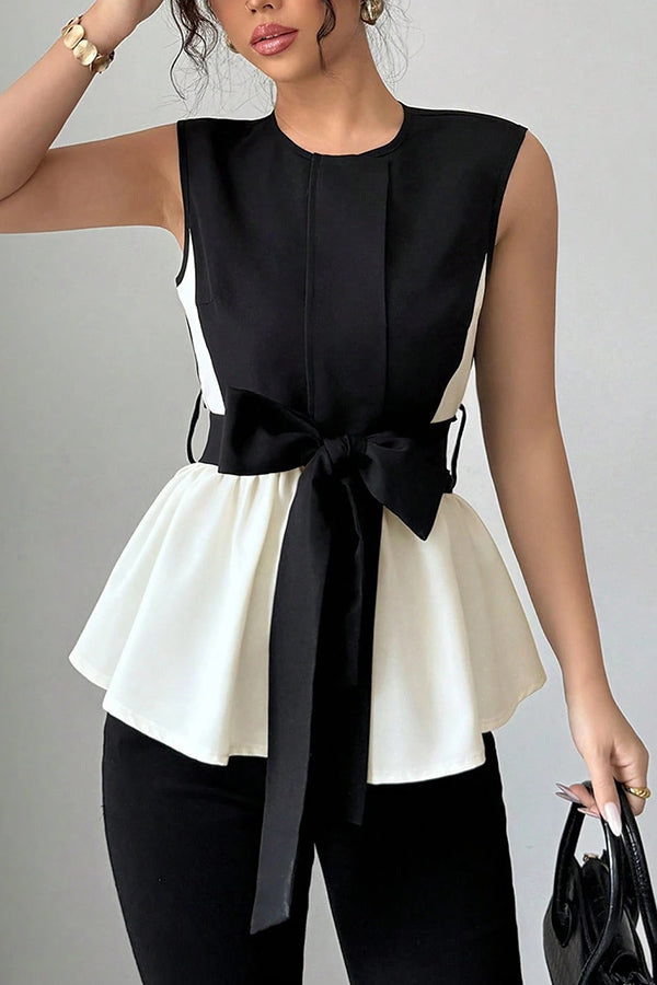 Fashionable Contrasting Color Waist Bow Ribbon Casual Top