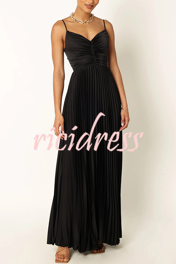 Catch The Light Satin Pleated V-neck Slip Maxi Dress