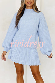 Solid Color Round Neck Puff Sleeve Loose Knit Sweater and Casual Striped Mini Skirt Set