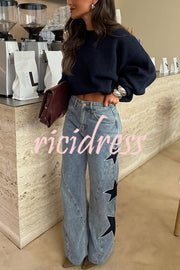 Jessy Denim Mid Rise Side Star Pattern Pocket Wide Leg Jeans