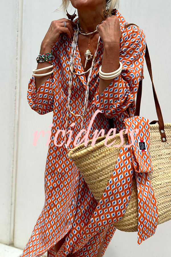 Summer Splendor Printed Button Half Sleeve Belt Loose Shirt Midi Dress