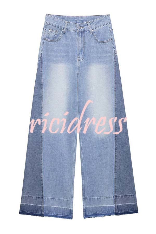 Ellison Denim Side Colorblock High Rise Pocket Wide Leg Jeans