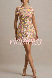 80's Inspired Floral Print Sequin Short Sleeve Stretch Mini Dress