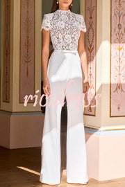 Party Charmer Flower Lace Patchwork Short Sleeve Bow Belted Flare Jumpsuit