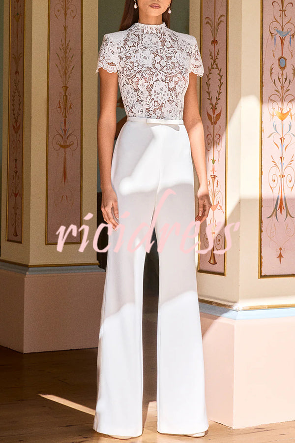 Party Charmer Flower Lace Patchwork Short Sleeve Bow Belted Flare Jumpsuit