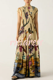 Relaxed and Playful Unique Print Smocked Short Sleeve Flare Maxi Dress