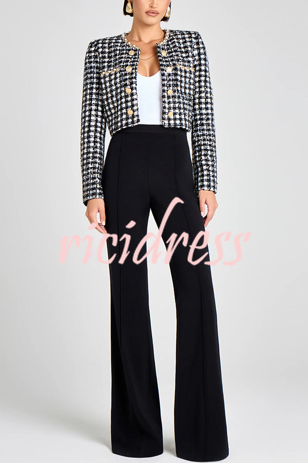 Remy Check Bouclé-tweed Fabric Pearl Trim Gold Button Long Sleeve Jacket