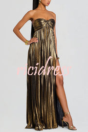 Metallic Sexy Tube Top Pleated High Slit Maxi Dress