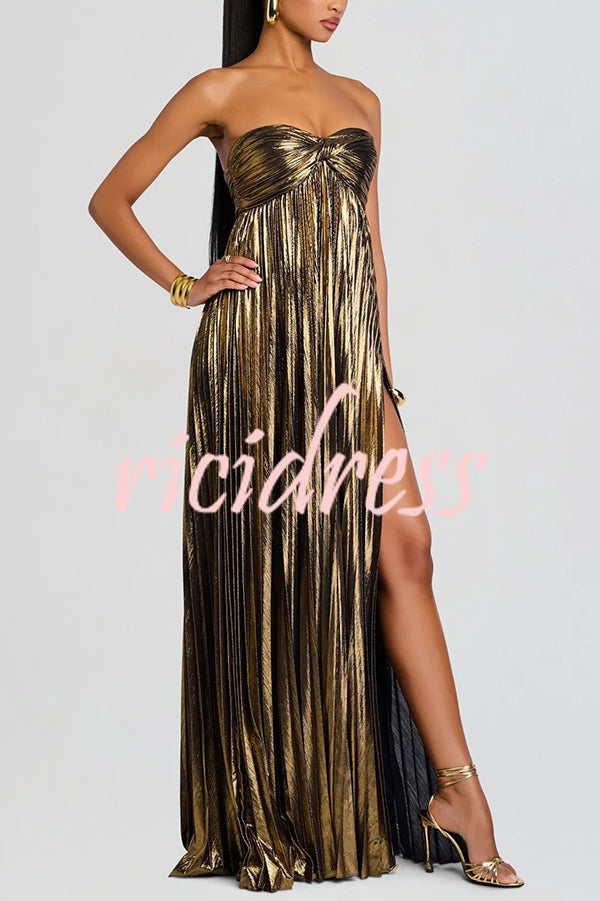 Metallic Sexy Tube Top Pleated High Slit Maxi Dress