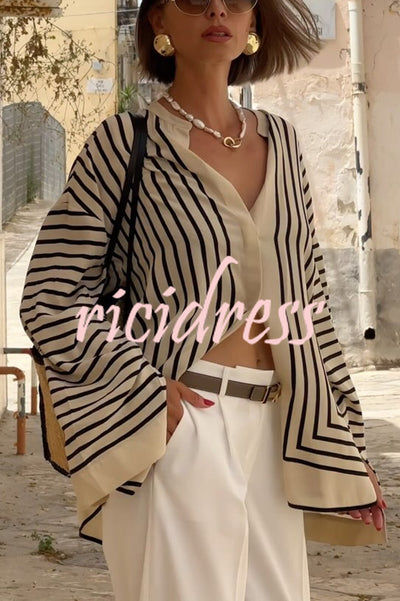 Comfortable and Effortless Striped Long Slit Sleeve Button Relaxed Loose Blouse