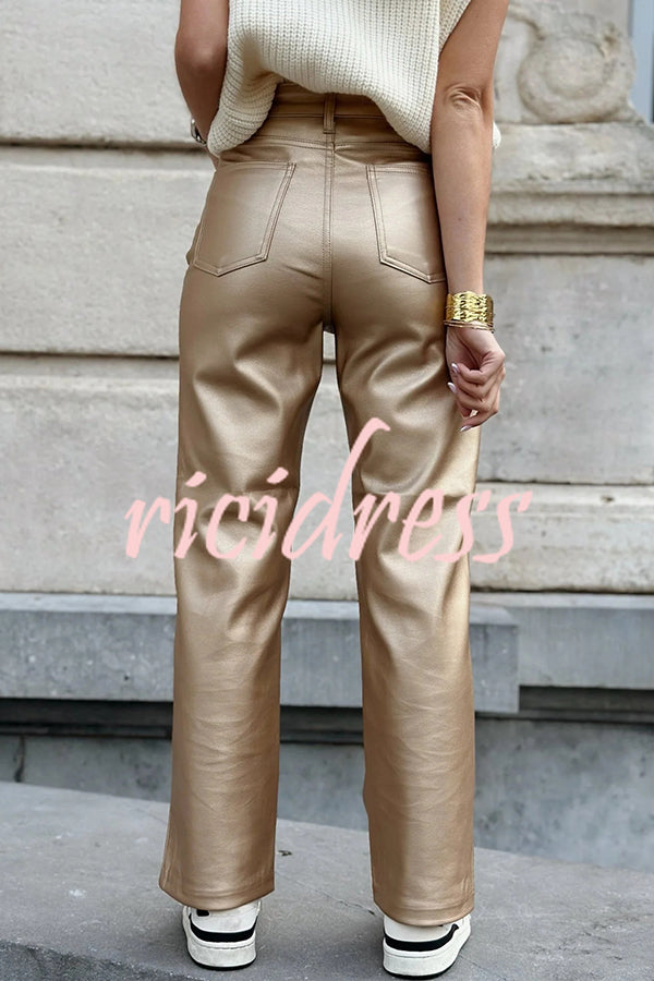 Stylish Metallic Fabric Pocket Casual Straight Wide-Leg Pants