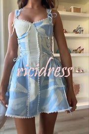 Avere Linen Blend Unique Print Scallop Trim Side Lace-up Mini Dress