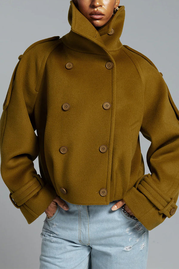 Ellie Epaulettes Stand Neck Double-Breasted Pocket Cropped Loose Woolen Coat