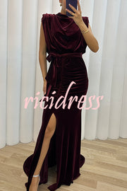 Milan Muse Velvet Padded Shoulder Ruched Belt Slit Maxi Dress