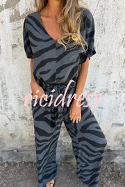 Zebra Print V-neck Short-sleeved Lace-up Top and Elastic Waist Pocket Straight-leg Pants Set