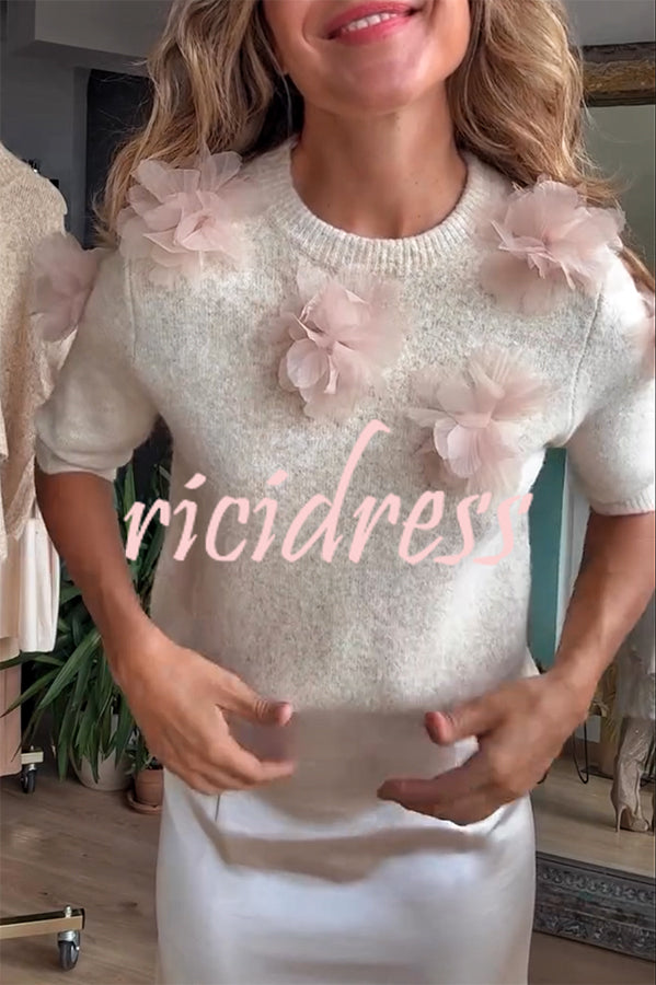 Alboran Knit Organza Flowers Detail Short Sleeve Loose Sweater