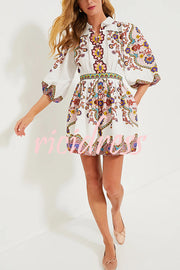 Fun and Vibrant Linen Blend Unique Print Puff Sleeve Pocketed Shirt Mini Dress